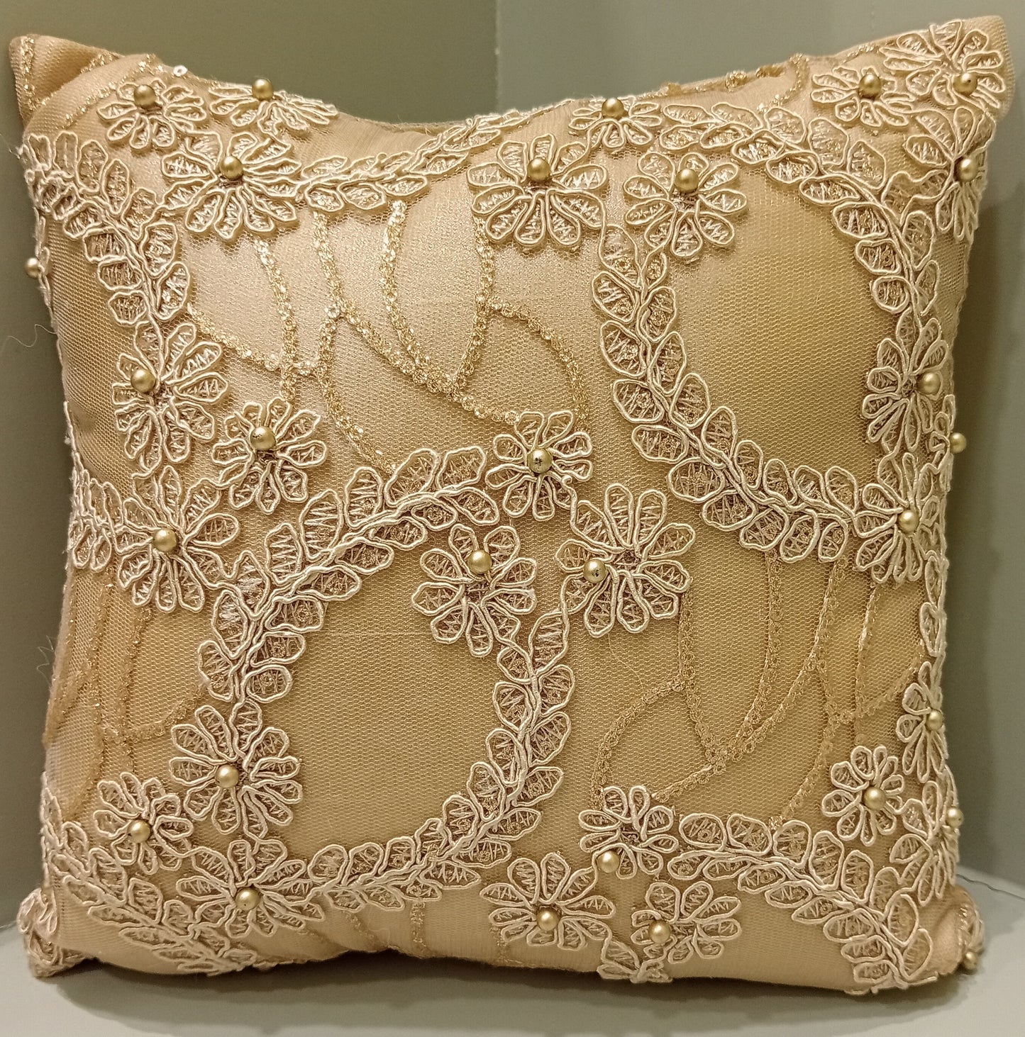 Embroidered floral design with pearls Cushion cover