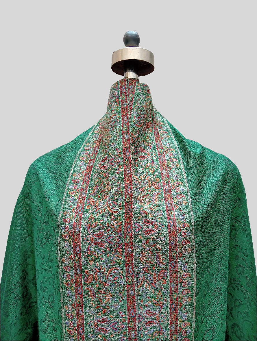 Green Self jacquard shawl with woven jamawar border