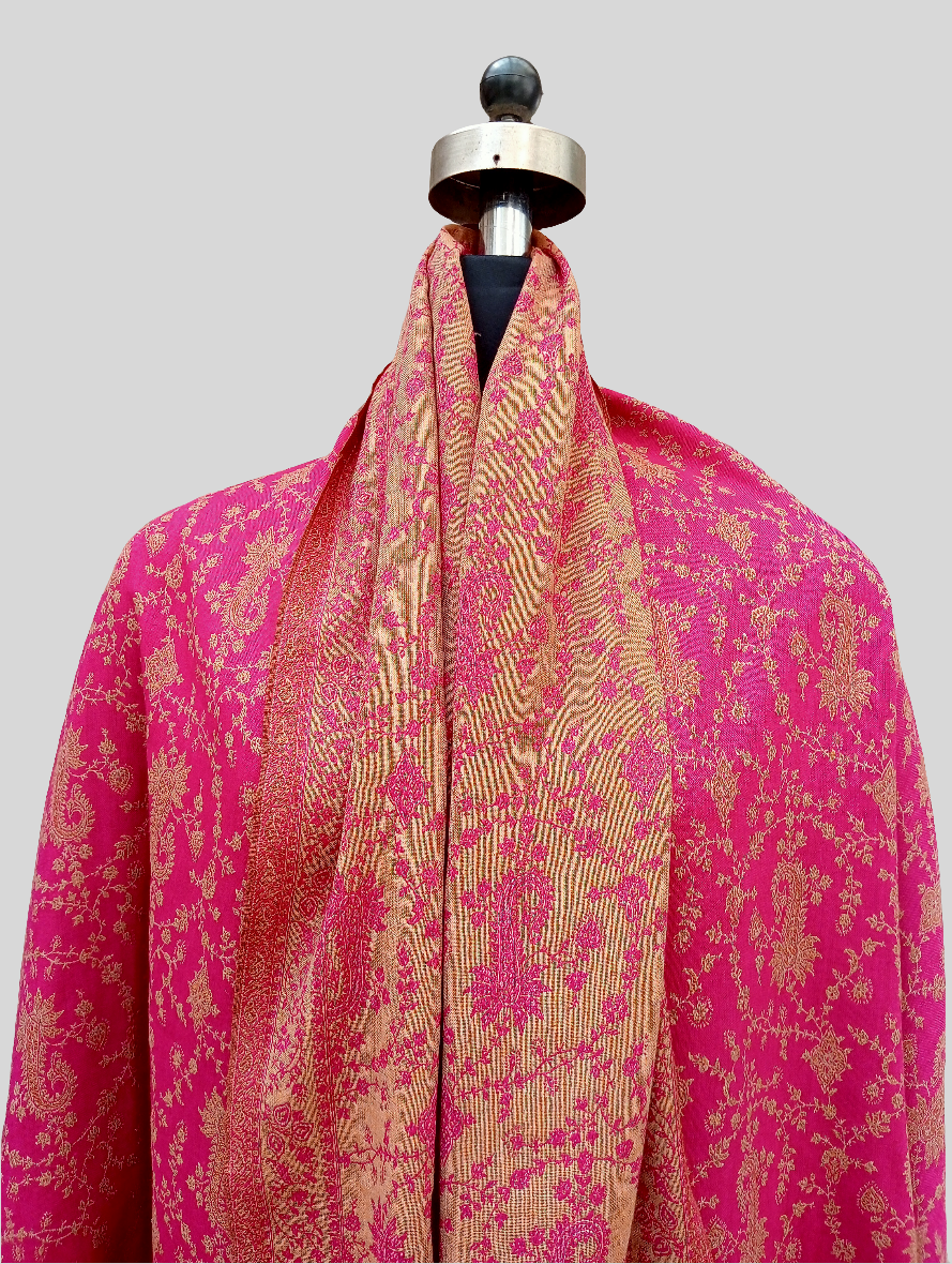 Reversible Woven Embroidered Shawl - Pink / Beige