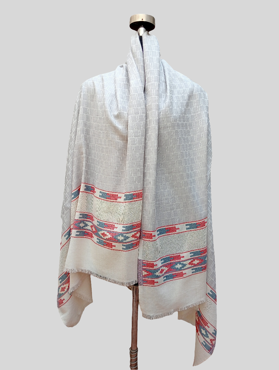 Self jacquard shawl with on Ikkat border