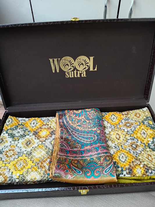 Silk with sequence work cushion cover + Silk wool scarve Combo box