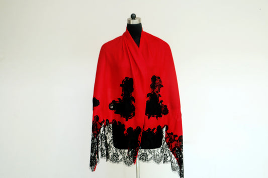 Pure Cashmere French Chantilly Stole - Red with Black Lace