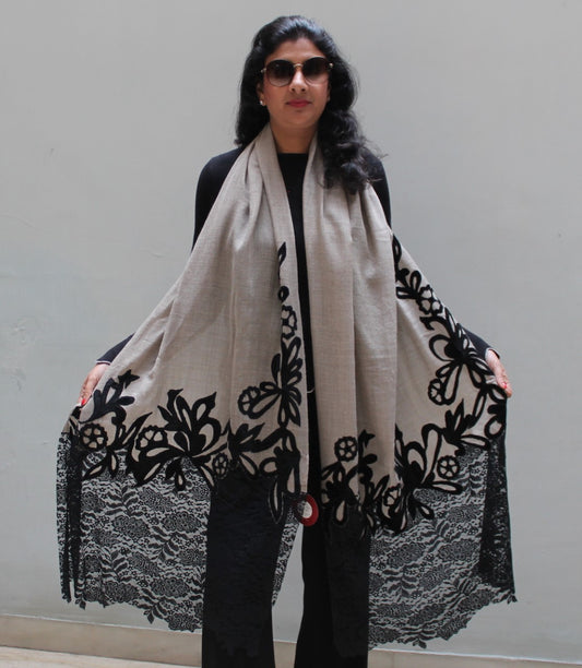 Lace Stole With Velvet Appliqué Work - Black