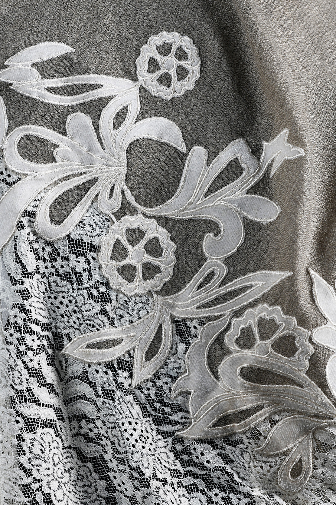 Lace Stole With Velvet Appliqué Work - White