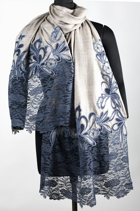 Lace Stole With Velvet Appliqué Work - Grey