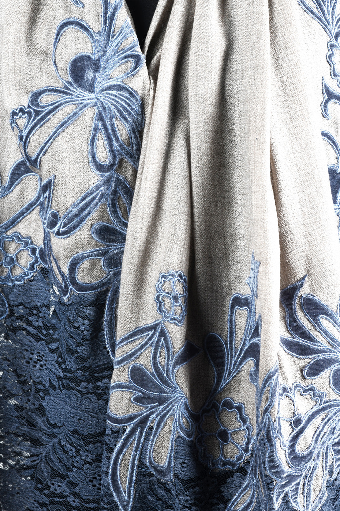 Lace Stole With Velvet Appliqué Work - Grey