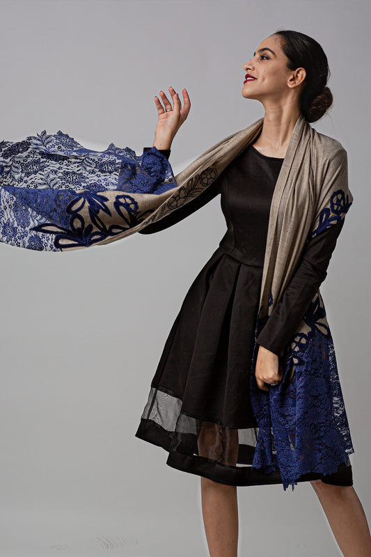 Lace Stole With Velvet Appliqué Work - Navy Blue