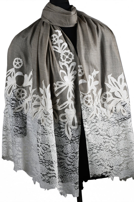 Lace Stole With Velvet Appliqué Work - White