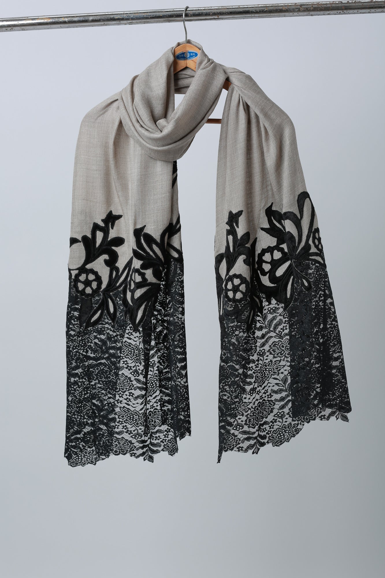 Lace Stole With Velvet Appliqué Work - Black