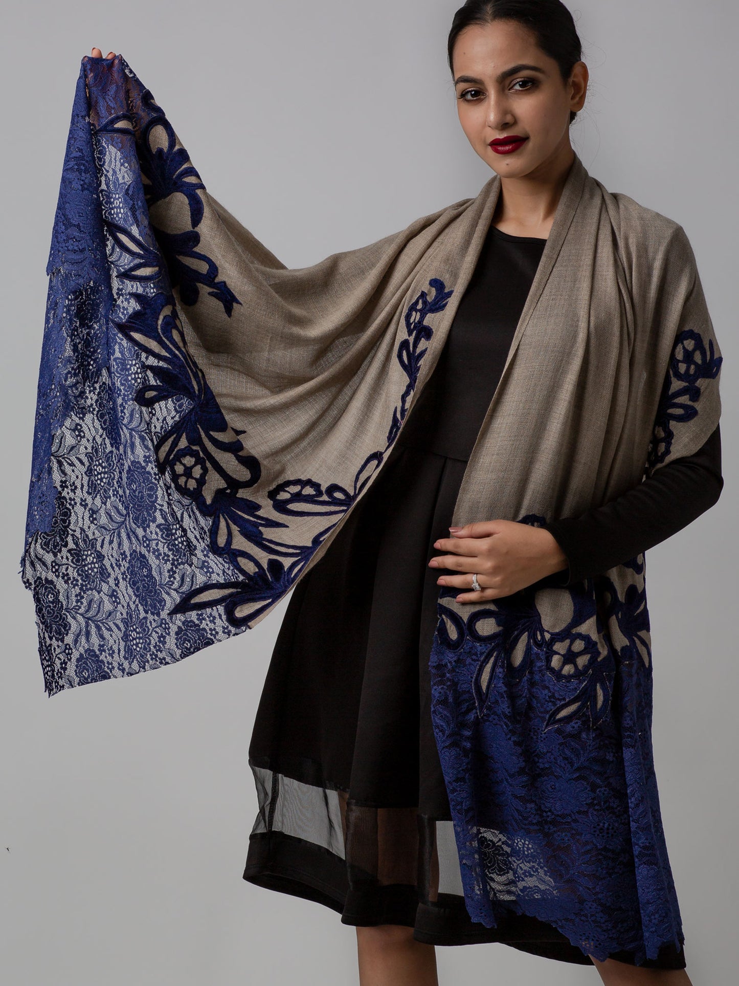 Lace Stole With Velvet Appliqué Work - Navy Blue
