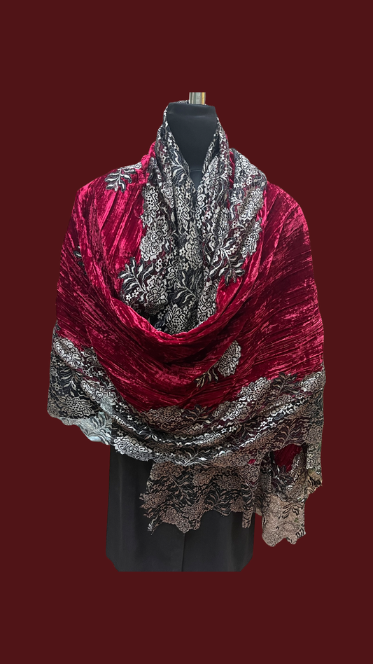 Crushed Velvet Stole Maroon with Zari lace