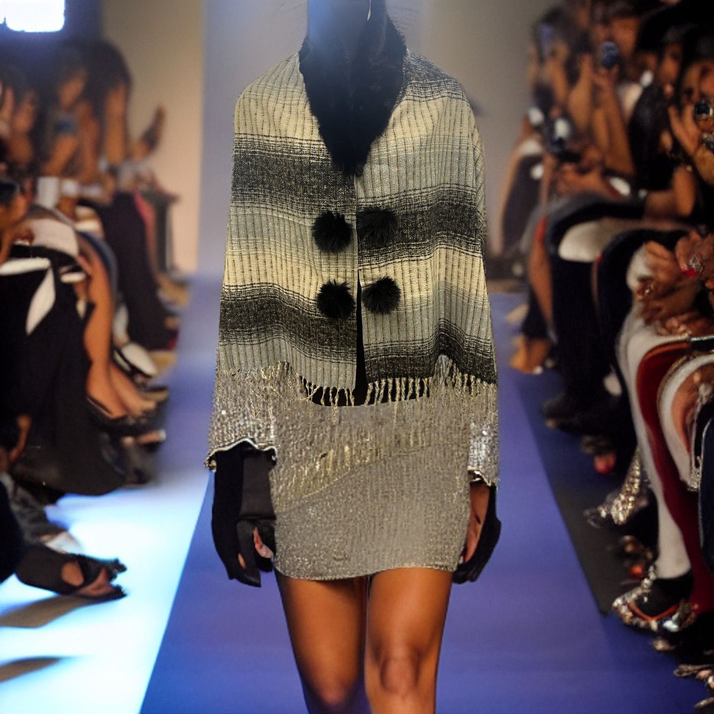 Fine Wool Poncho with Tassels and Faux Fur