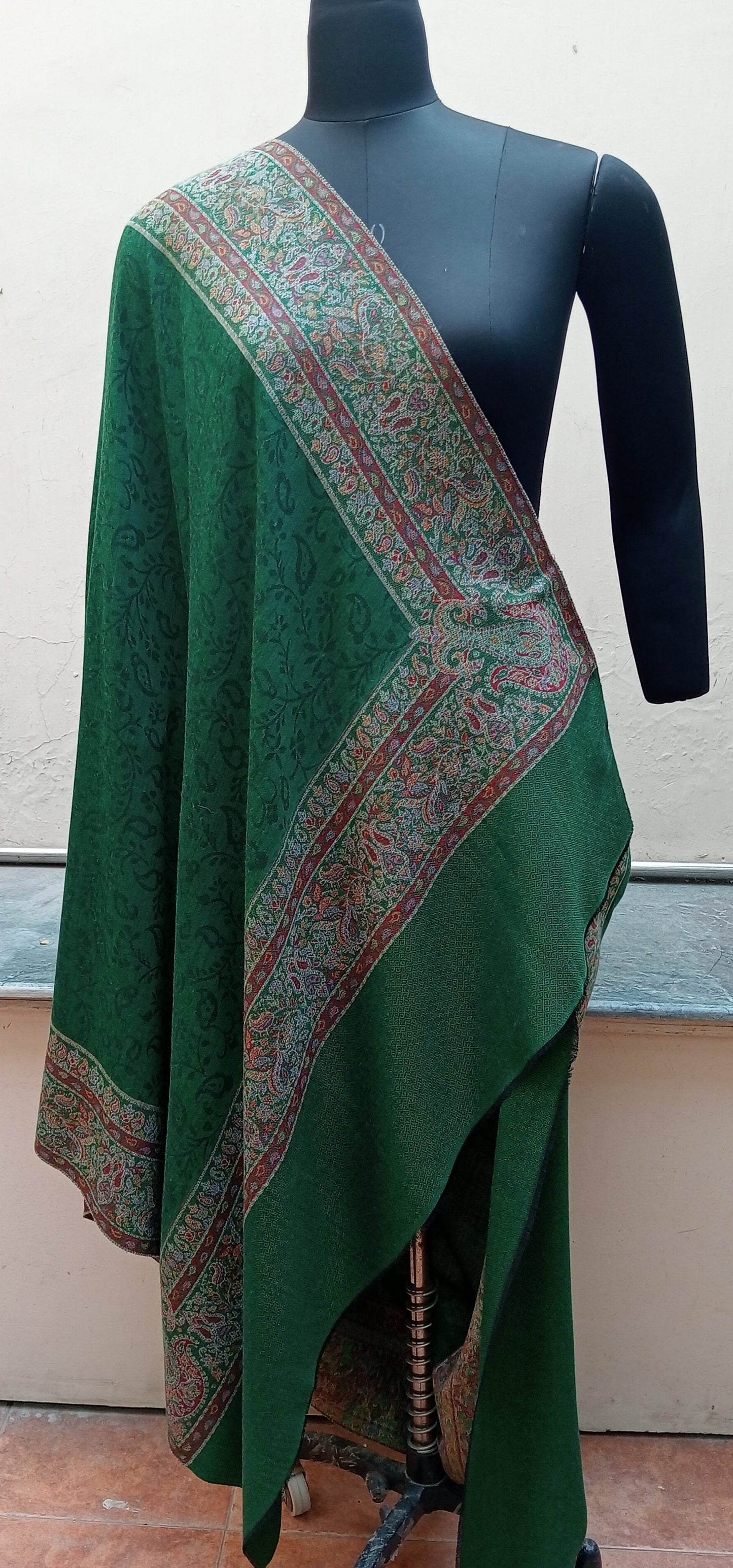 Green Self jacquard shawl with woven jamawar border