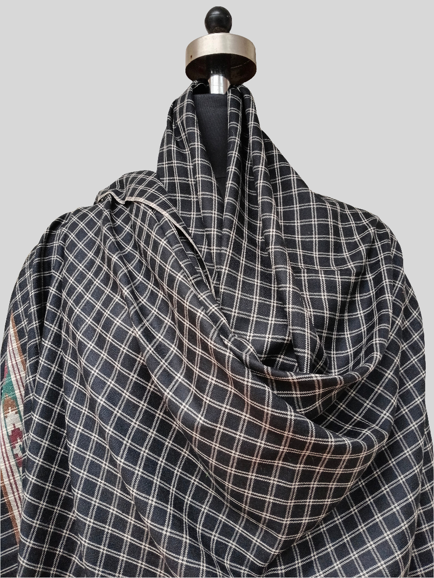 fine wool checks woven ikkat border shawl