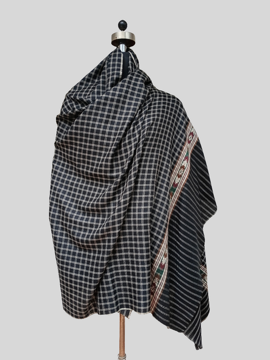 fine wool checks woven ikkat border shawl