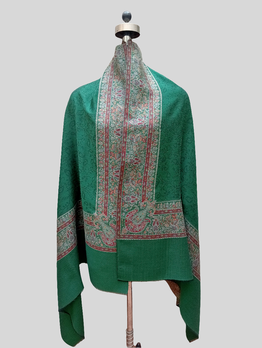 Green Self jacquard shawl with woven jamawar border