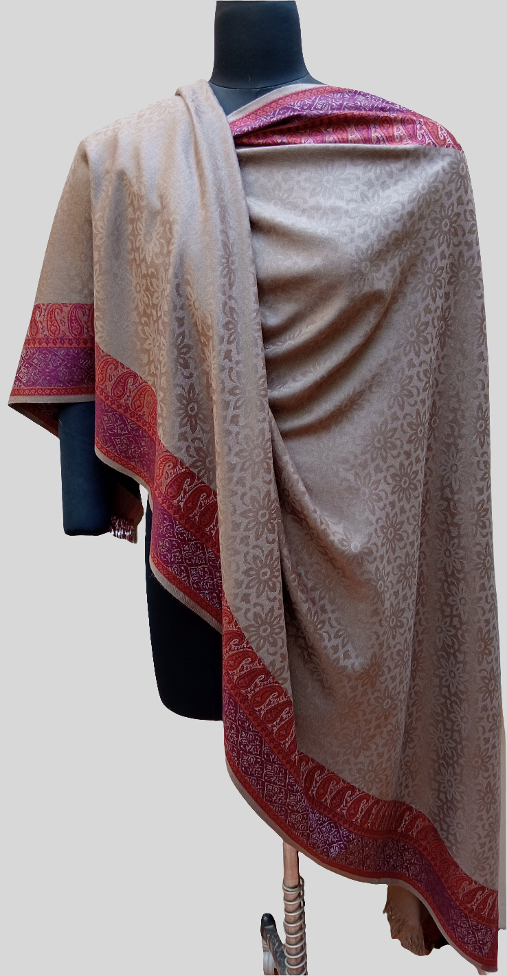 Self jacquard shawl with woven jamawar double border