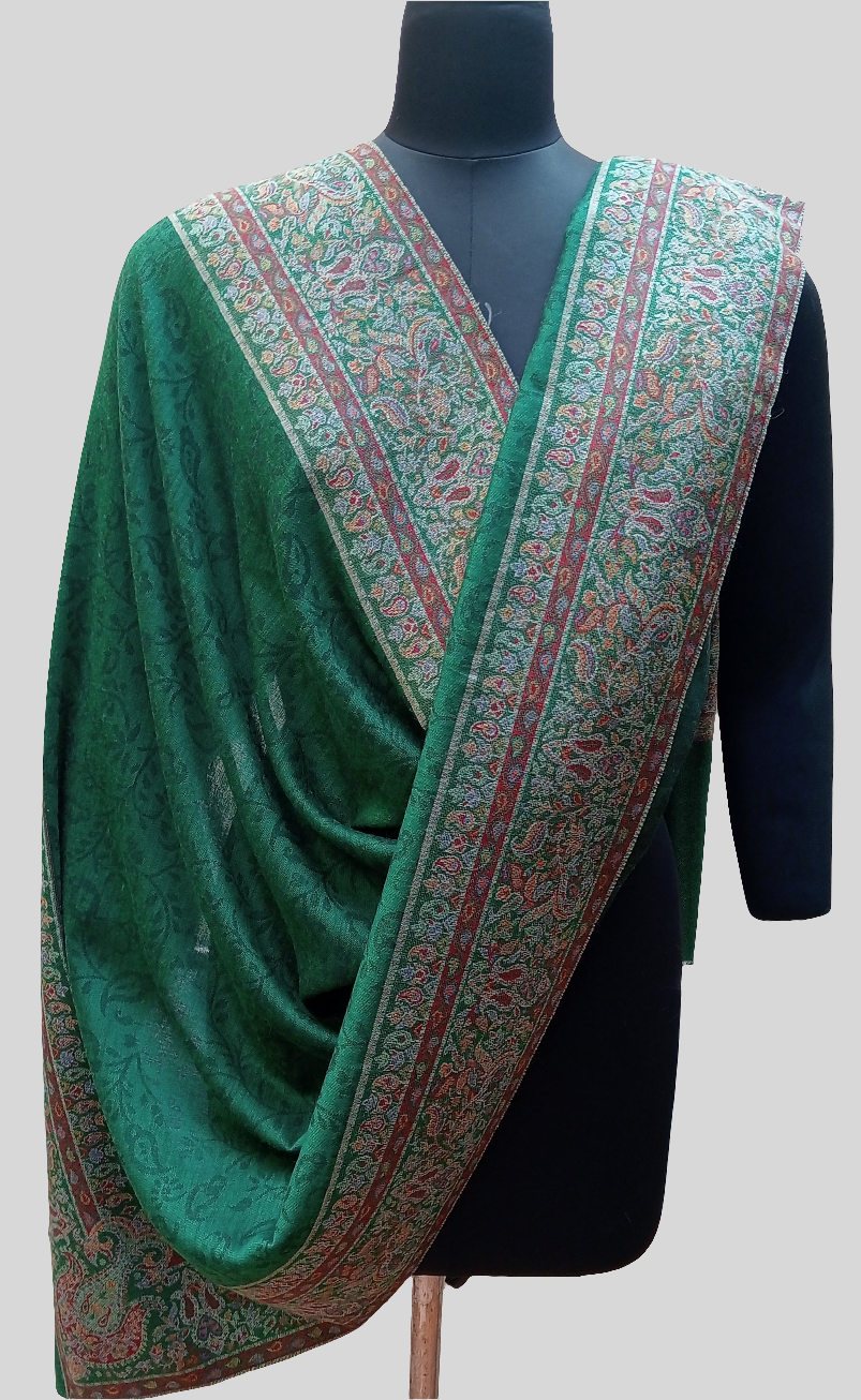 Green Self jacquard shawl with woven jamawar border