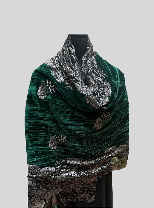 Crushed Velvet Stole with Zari Lace