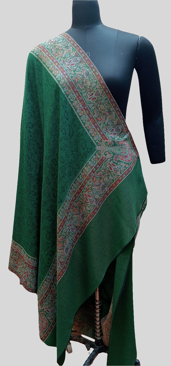 Green Self jacquard shawl with woven jamawar border