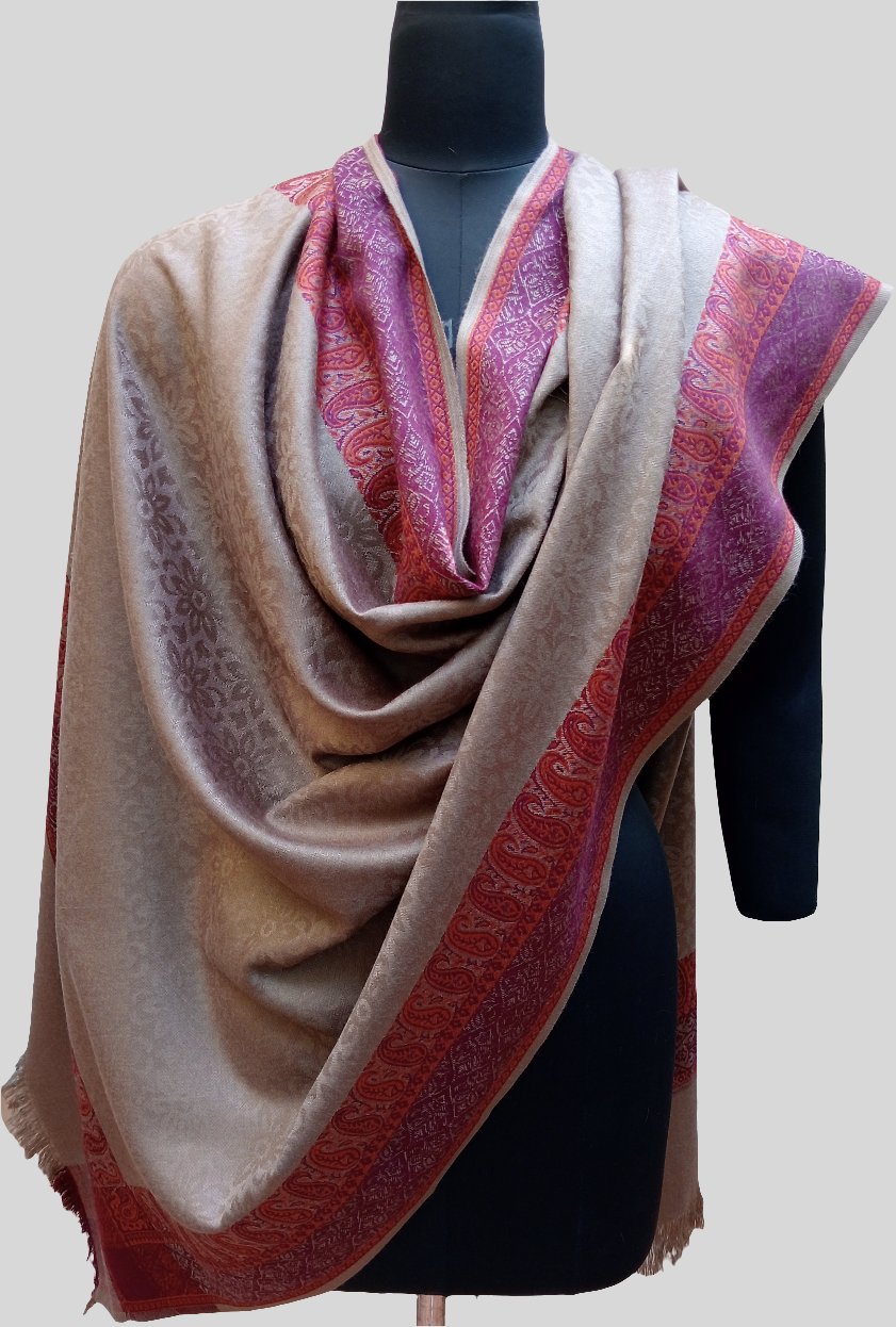 Self jacquard shawl with woven jamawar double border