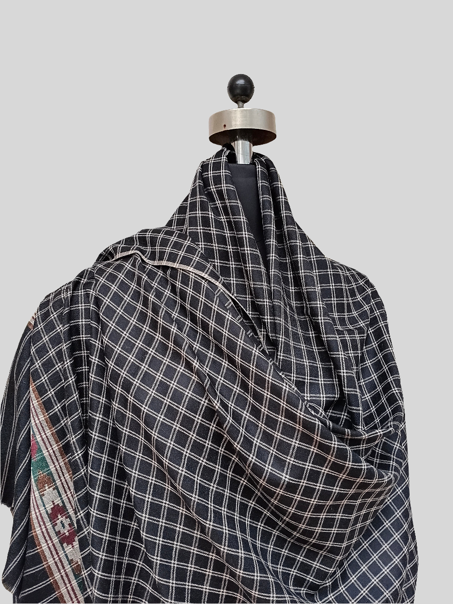 fine wool checks woven ikkat border shawl