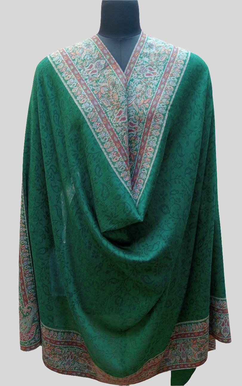 Green Self jacquard shawl with woven jamawar border