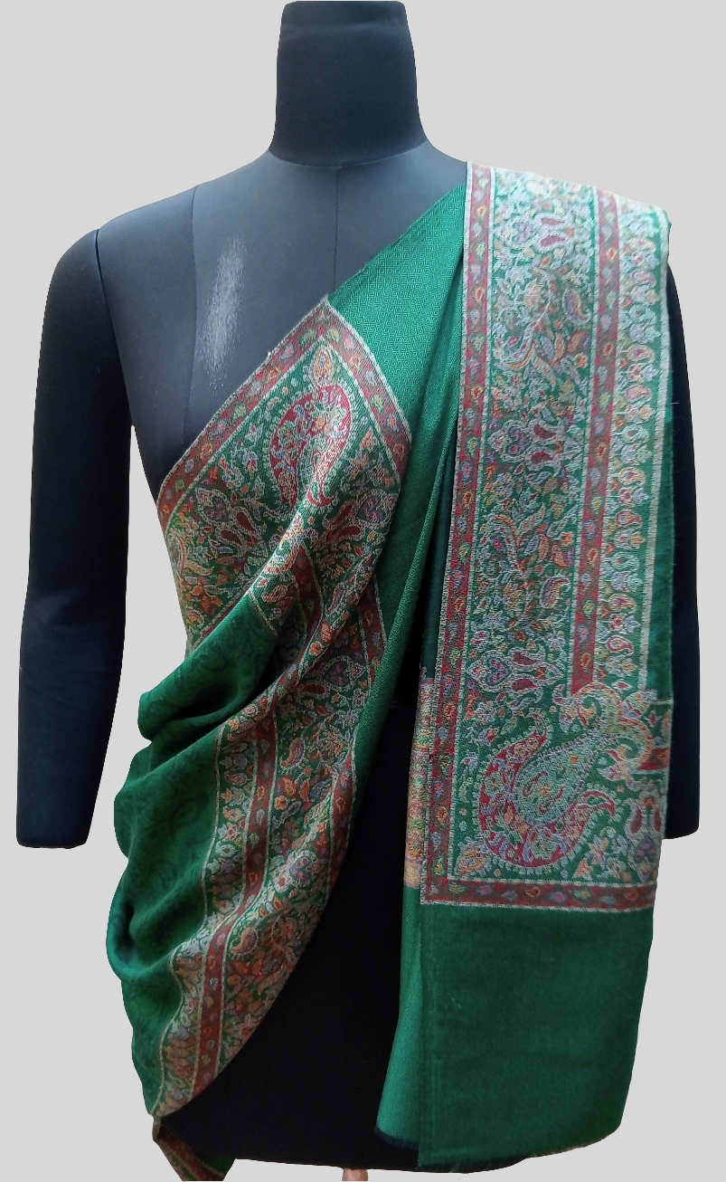 Green Self jacquard shawl with woven jamawar border