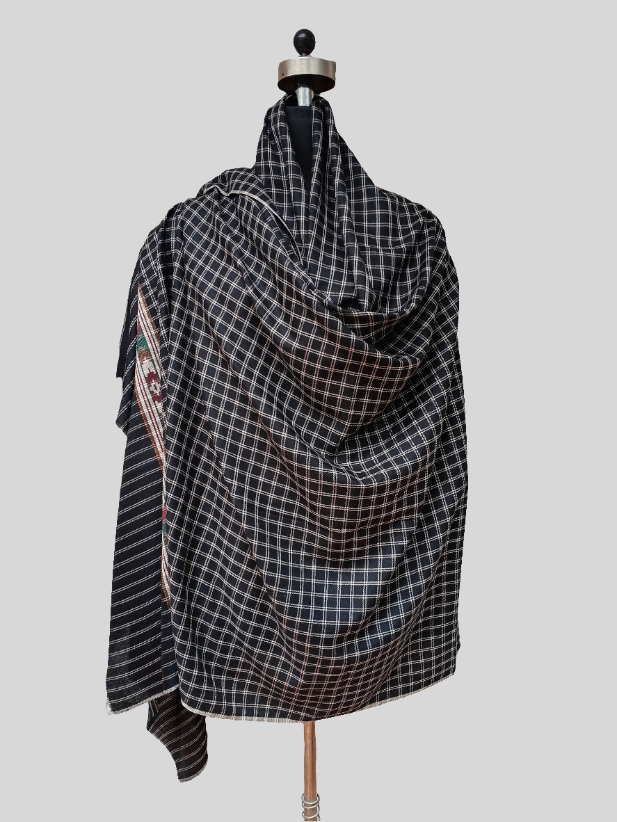fine wool checks woven ikkat border shawl