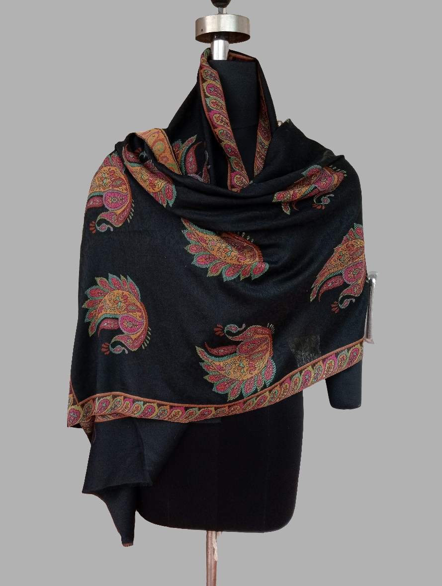 Peacock Design Self Jacquard Stole With Jamawar Border - Black