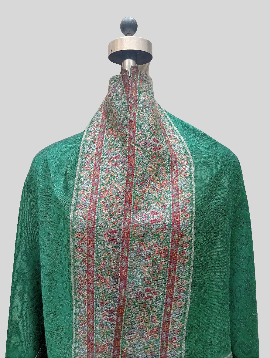 Green Self jacquard shawl with woven jamawar border