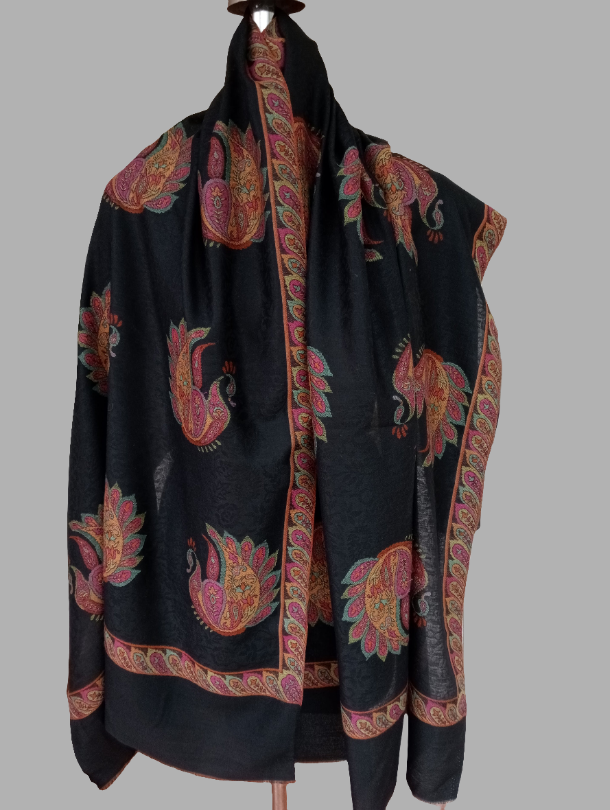 Peacock Design Self Jacquard Stole With Jamawar Border - Black