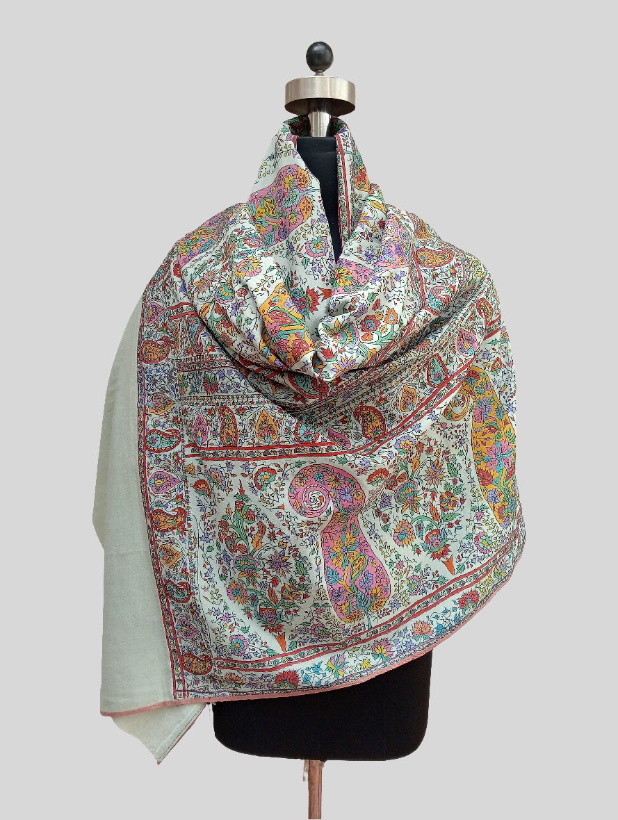 Hand Embroidered Kalamkari Shawl - Grey