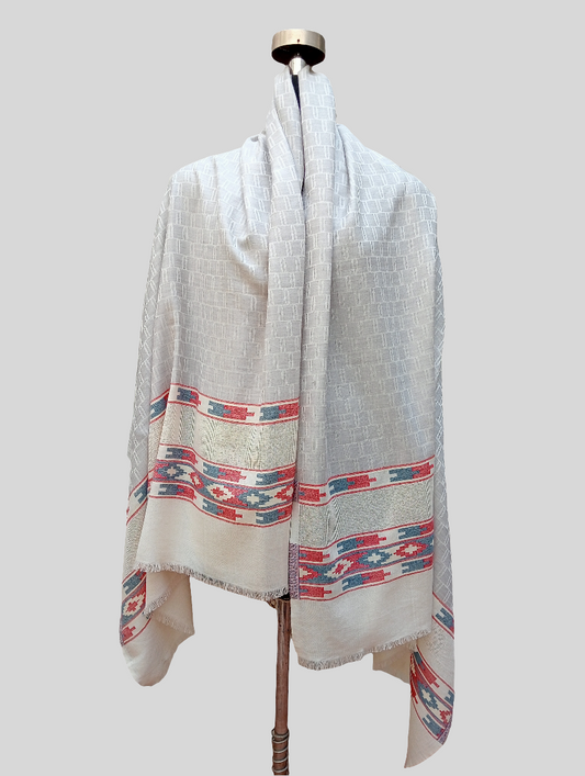 Self jacquard shawl with on Ikkat border