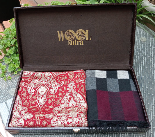 Combo box embroidered fine wool stole + pure cashmere Mens stole