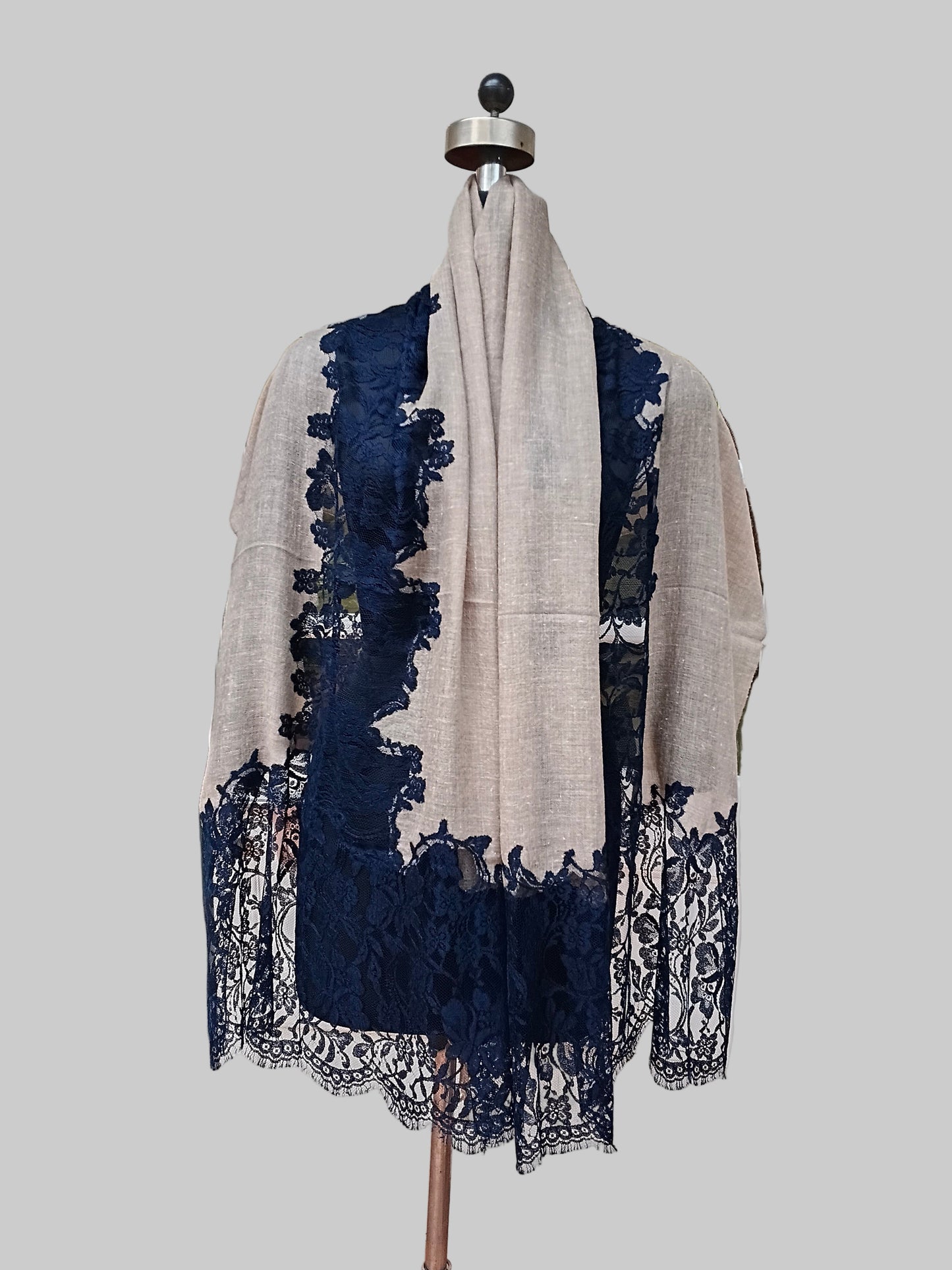 Pure Cashmere French Chantilly Stole - beige with Blue Lace