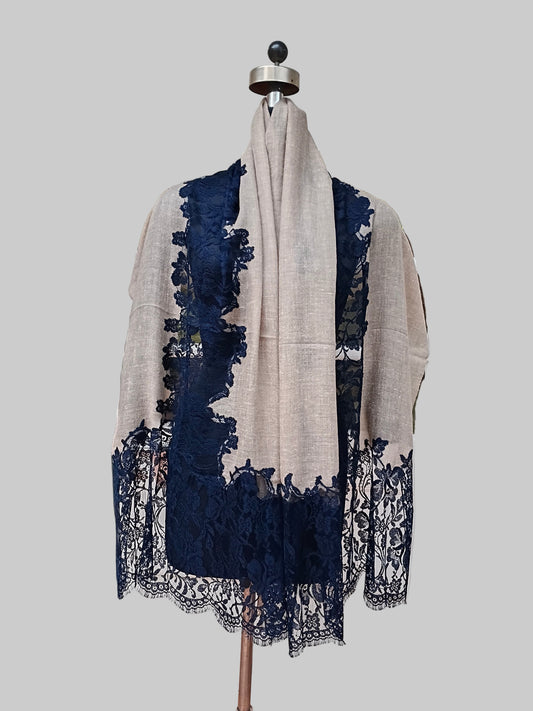 Pure Cashmere French Chantilly Stole - beige with Blue Lace
