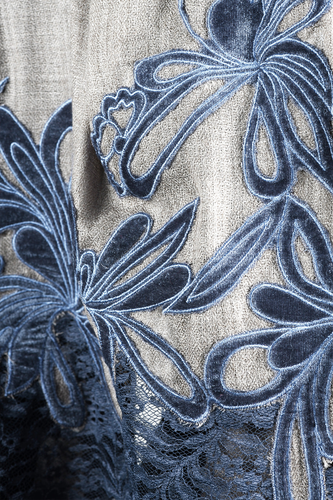 Lace Stole With Velvet Appliqué Work - Grey