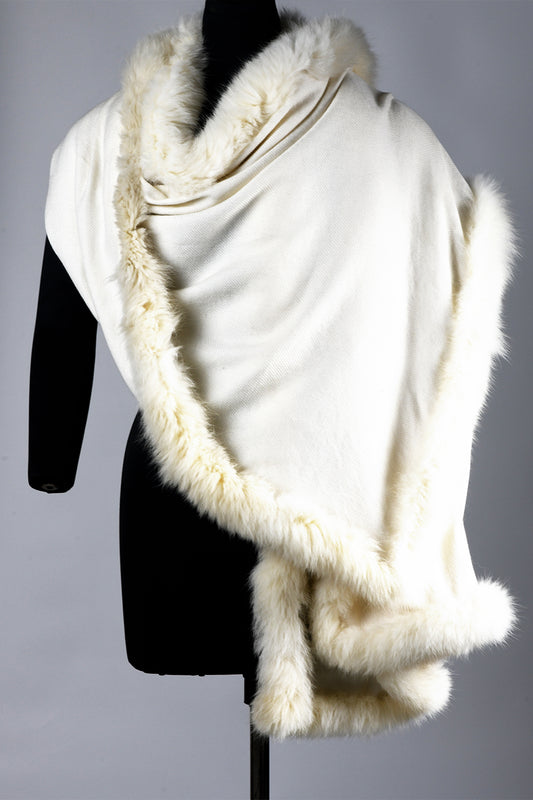 Wool Cashmere 4 Side Fur Stole - Off White